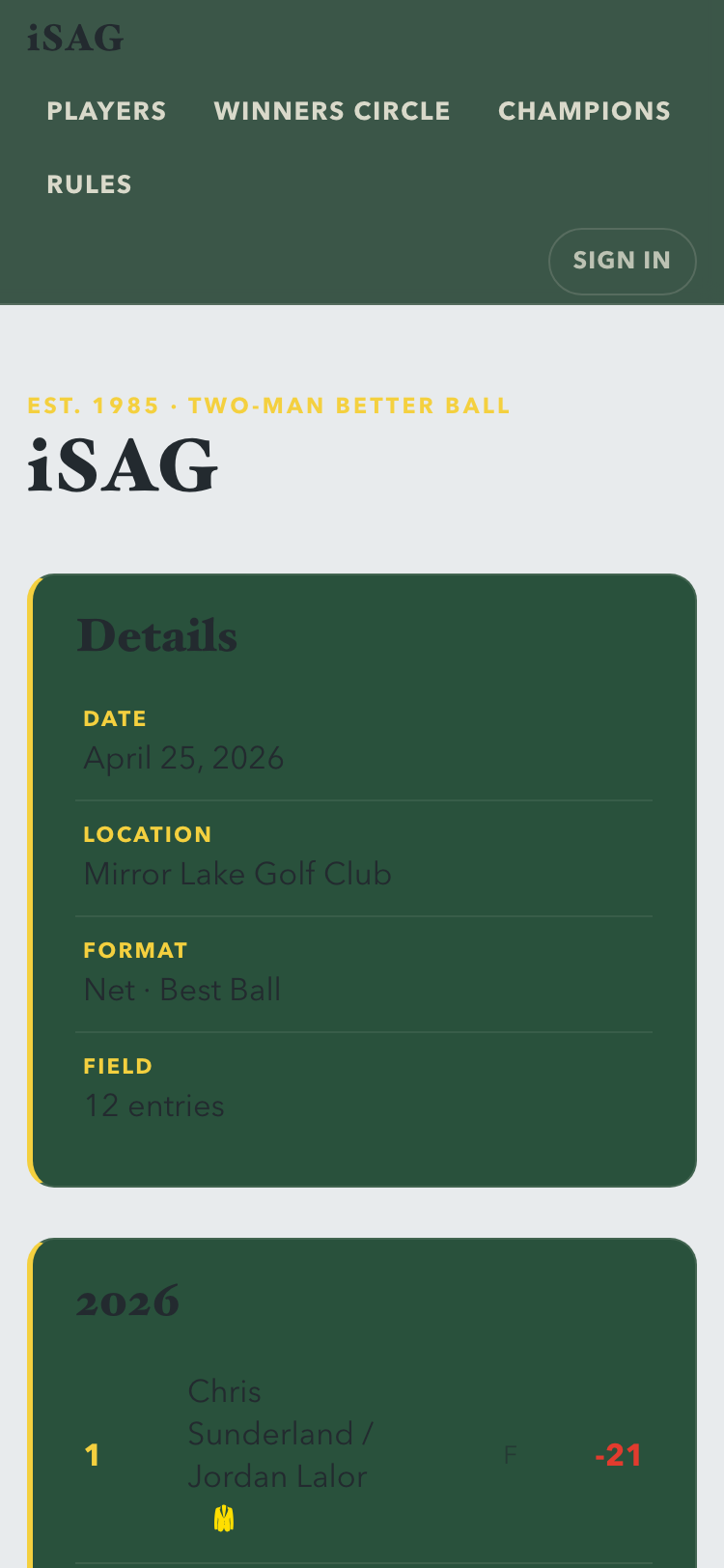 A golf club's own website on a phone — its own name, colours and navigation, with live results and sign-ups