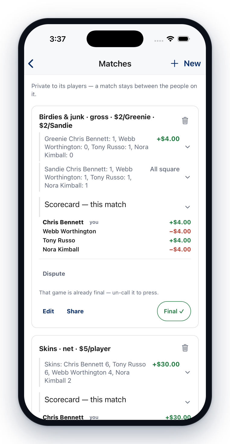 Three matches running on one round in Swilkin — a gross birdies-and-junk game and net skins, each with its own standings, scorecard and dispute link, on the same 18 holes