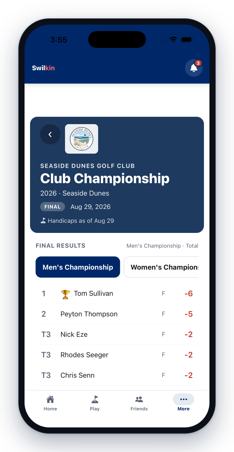 Seaside Dunes Golf Club's 2026 club championship, final — the club's own crest, separate men's and women's championships, and the champion at six under