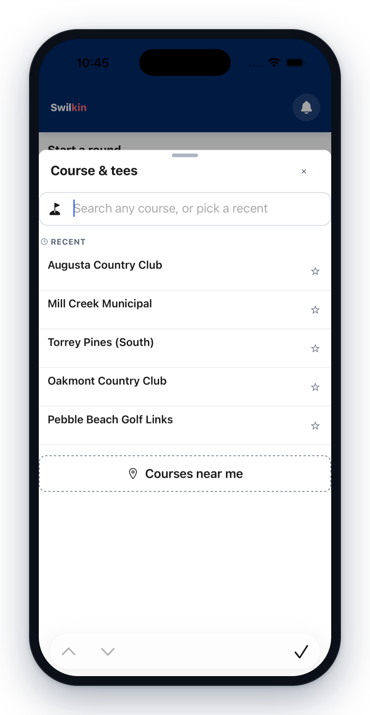 Choosing the course — a search field over a list of recently played courses, with a Courses near me option