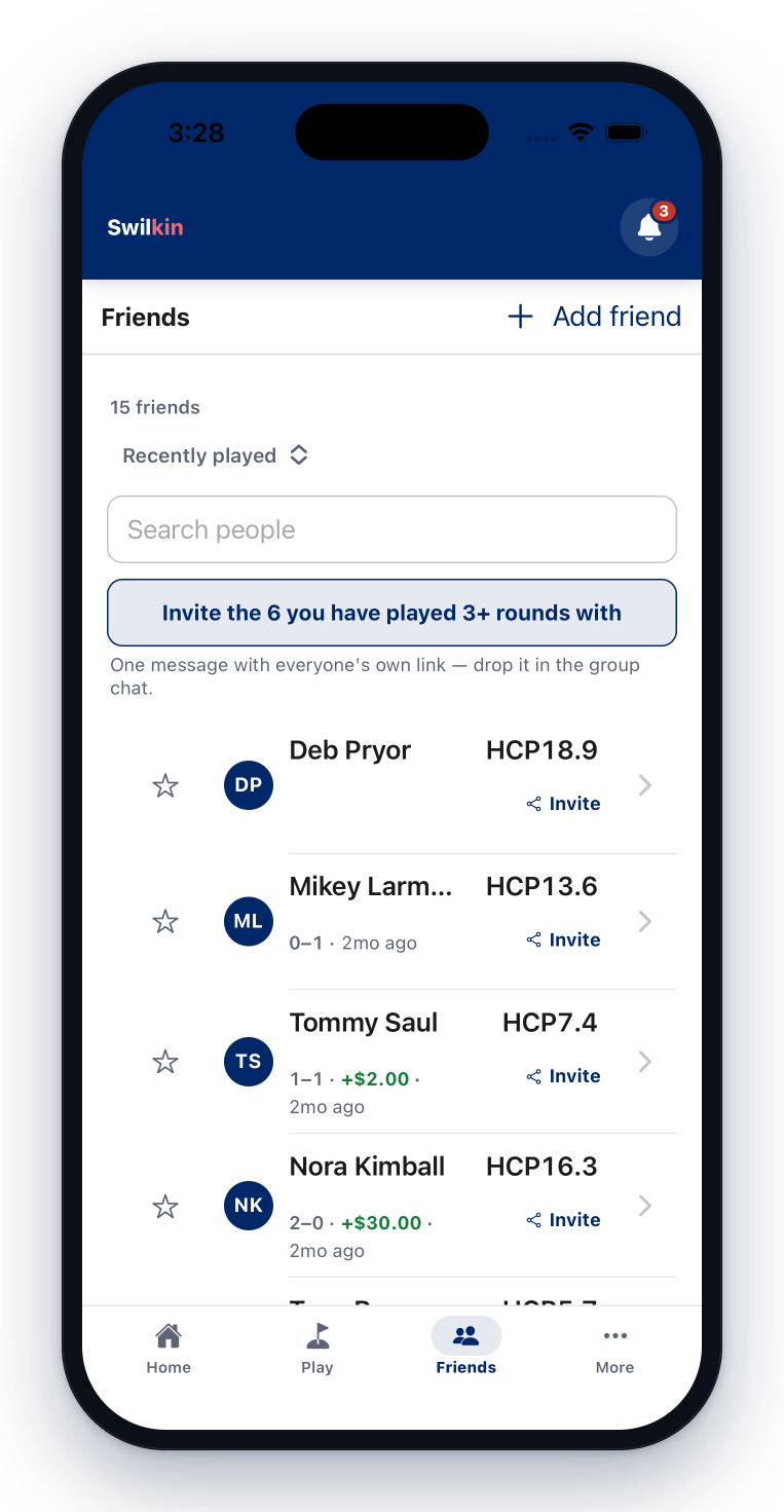 A golfer's friends list — fifteen people with their handicaps and head-to-head records, each with an Invite link for whenever they want the app