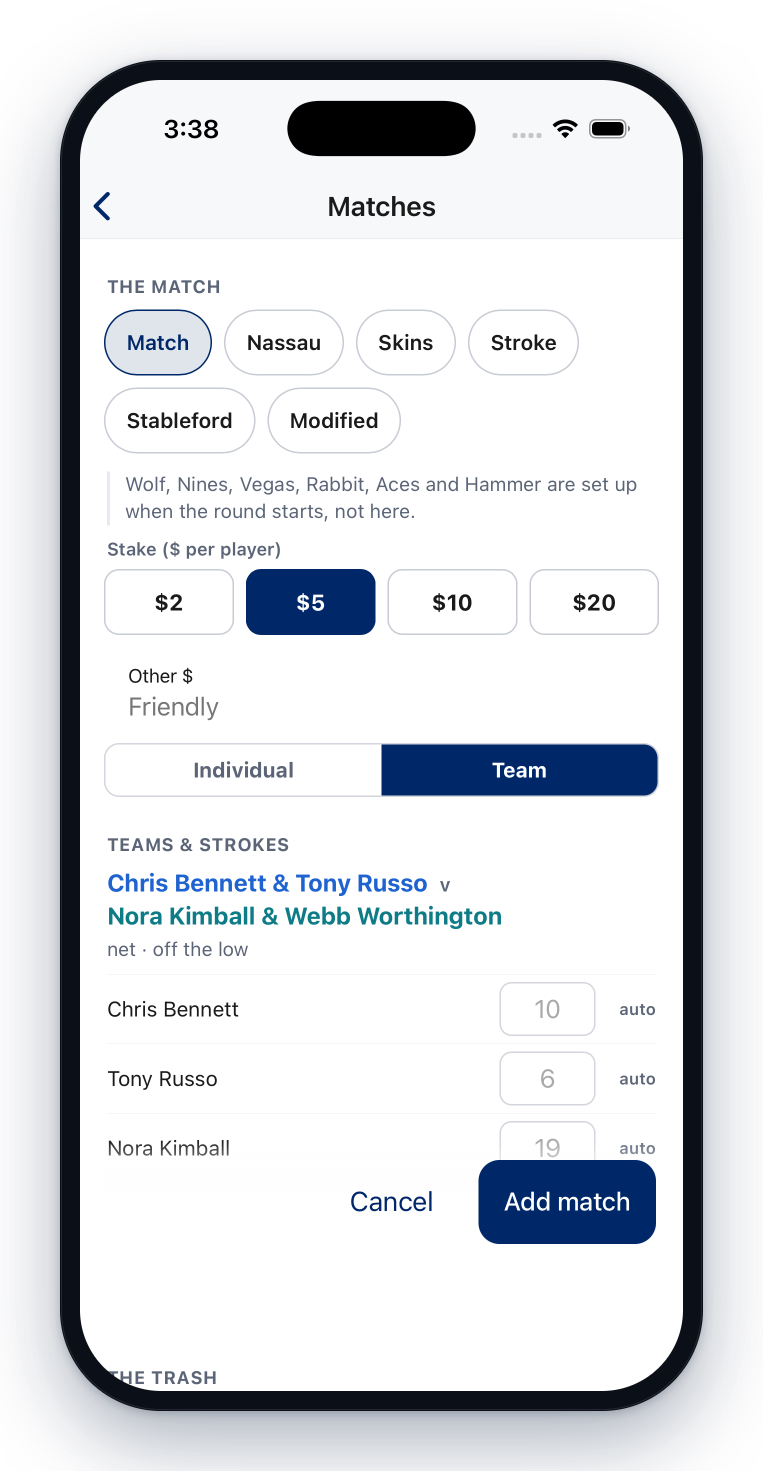 Adding a match to a round — match play, Nassau, skins, stroke, Stableford and modified, with the stake and the teams set on the same screen