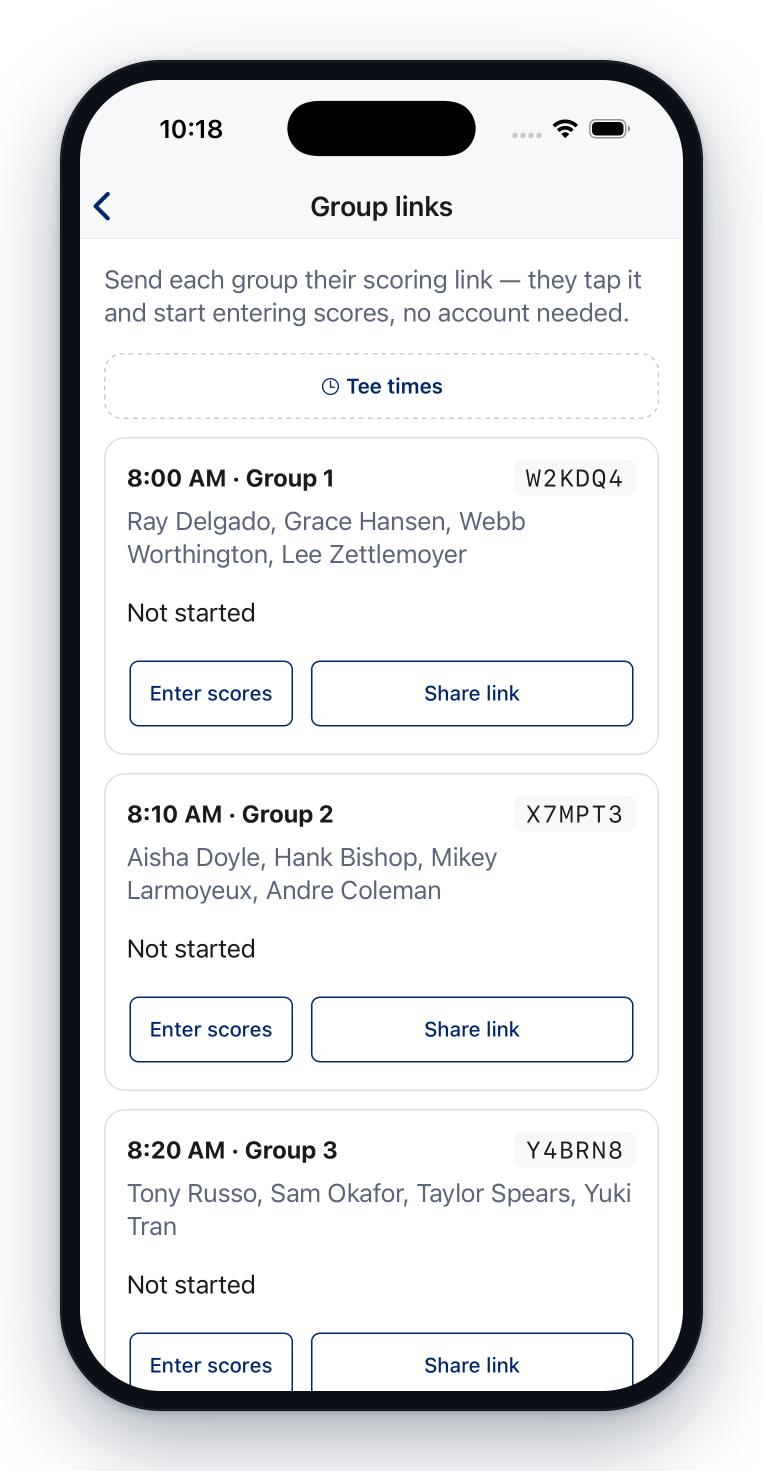 An outing's group links — each foursome with its tee time and its own short code, ready to send so anyone can enter scores without an account