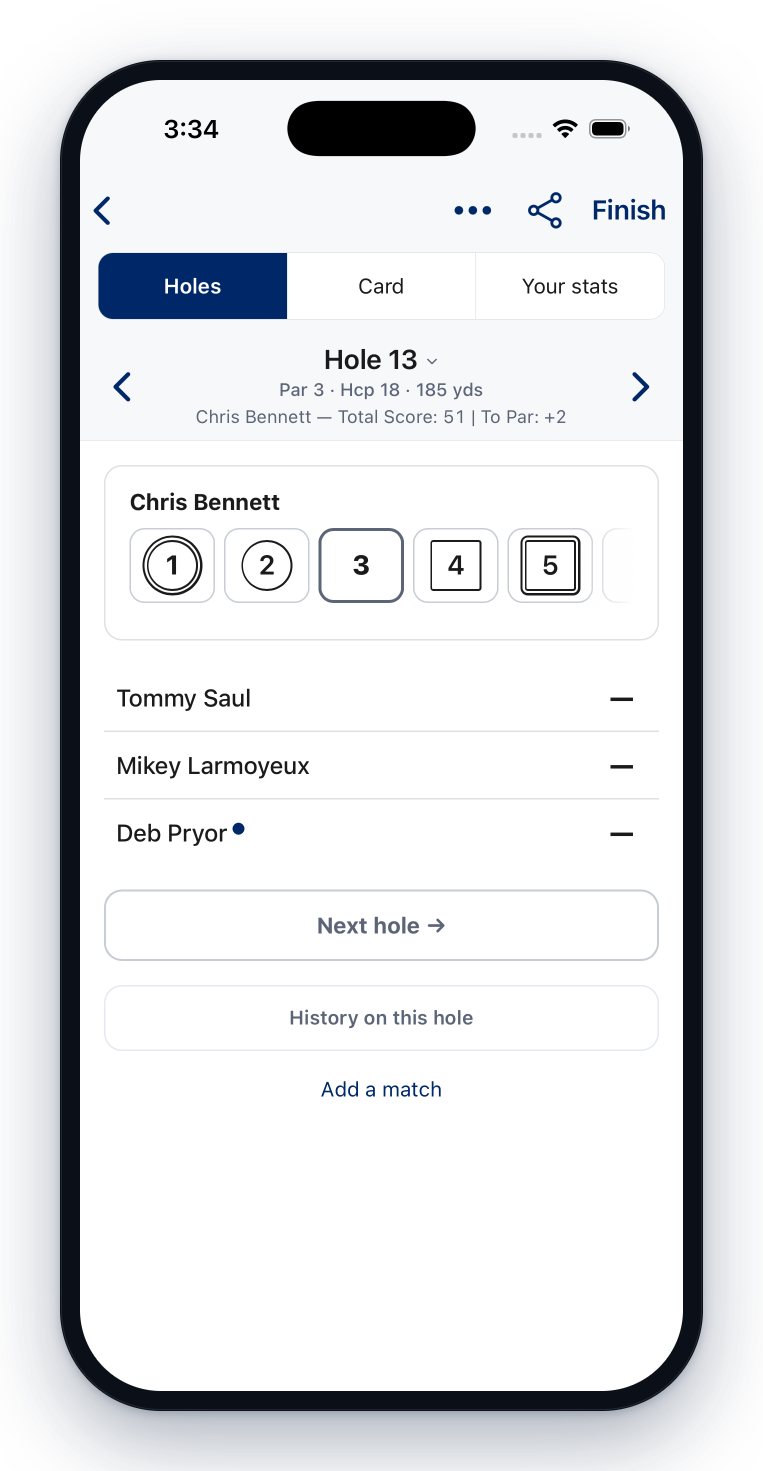 Scoring a round hole by hole — the par and stroke index for the hole, a tap-to-score pad, and the rest of the group underneath