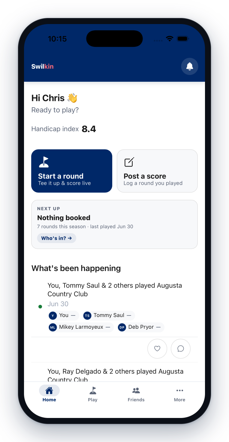 The Swilkin home screen on an iPhone — a handicap index, Start a round, and a feed of the rounds your buddies played