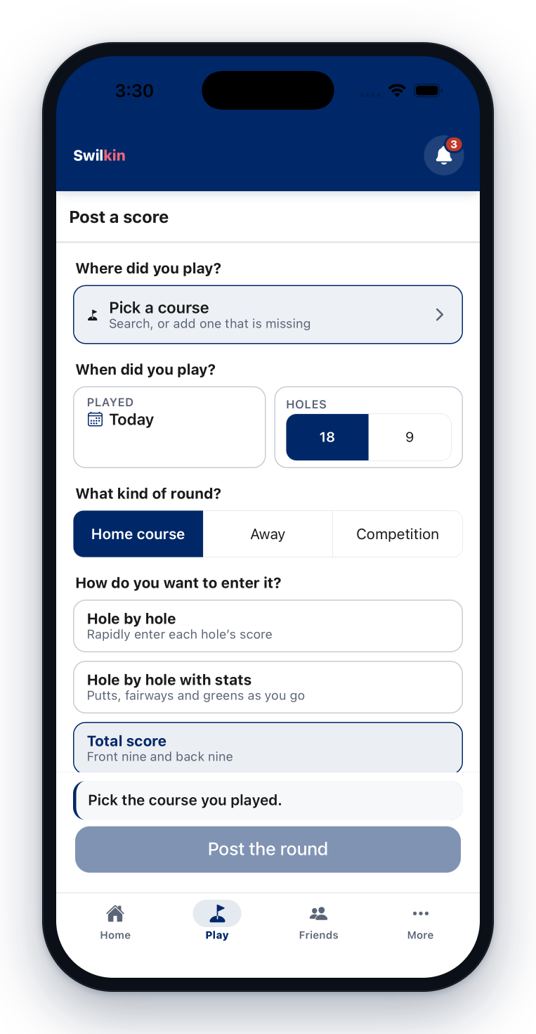 Posting a round you already played — the course, the date you played it, 18 or 9 holes, and whether to enter it hole by hole or as a total