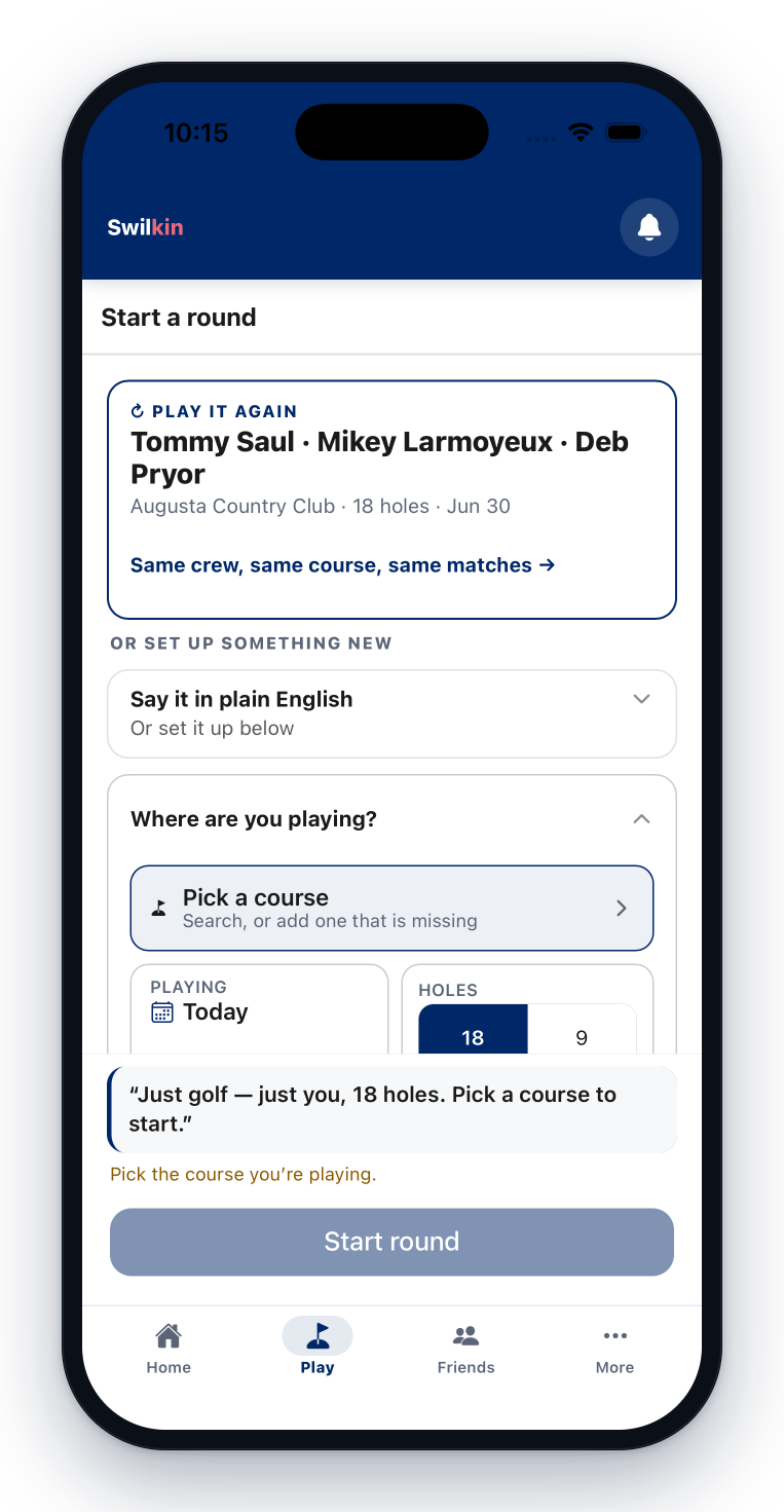 Starting a round — play it again with the same crew, course and matches, or set up a new one in plain English