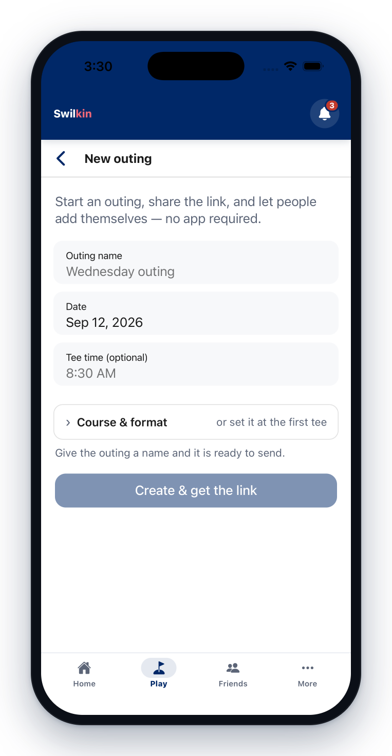 Starting a "Who's in?" outing — a name, a date and a tee time, and one link that lets people add themselves without the app