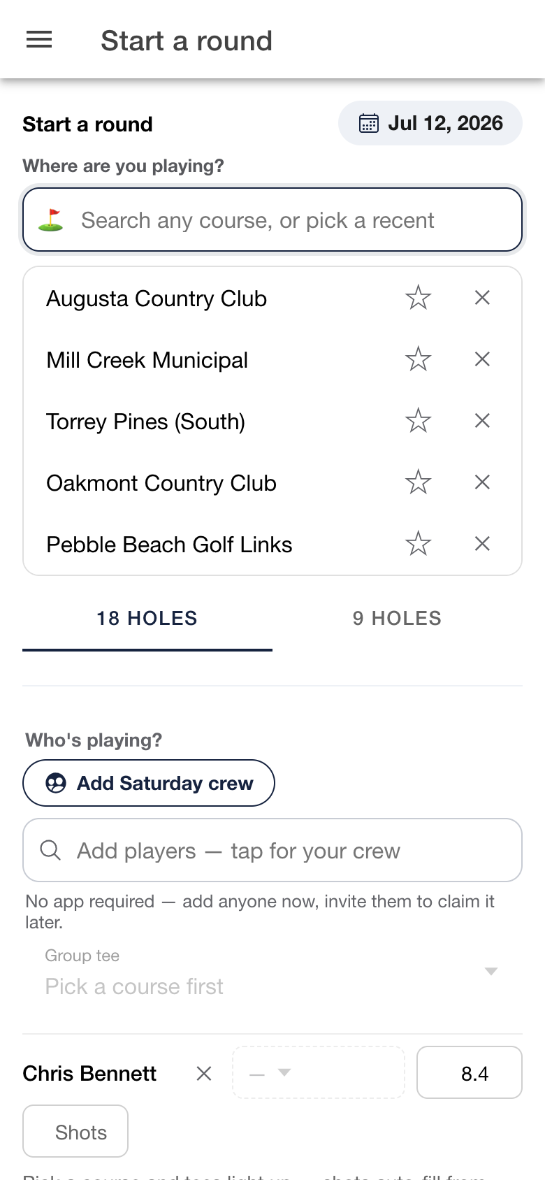 Open “Start a round”